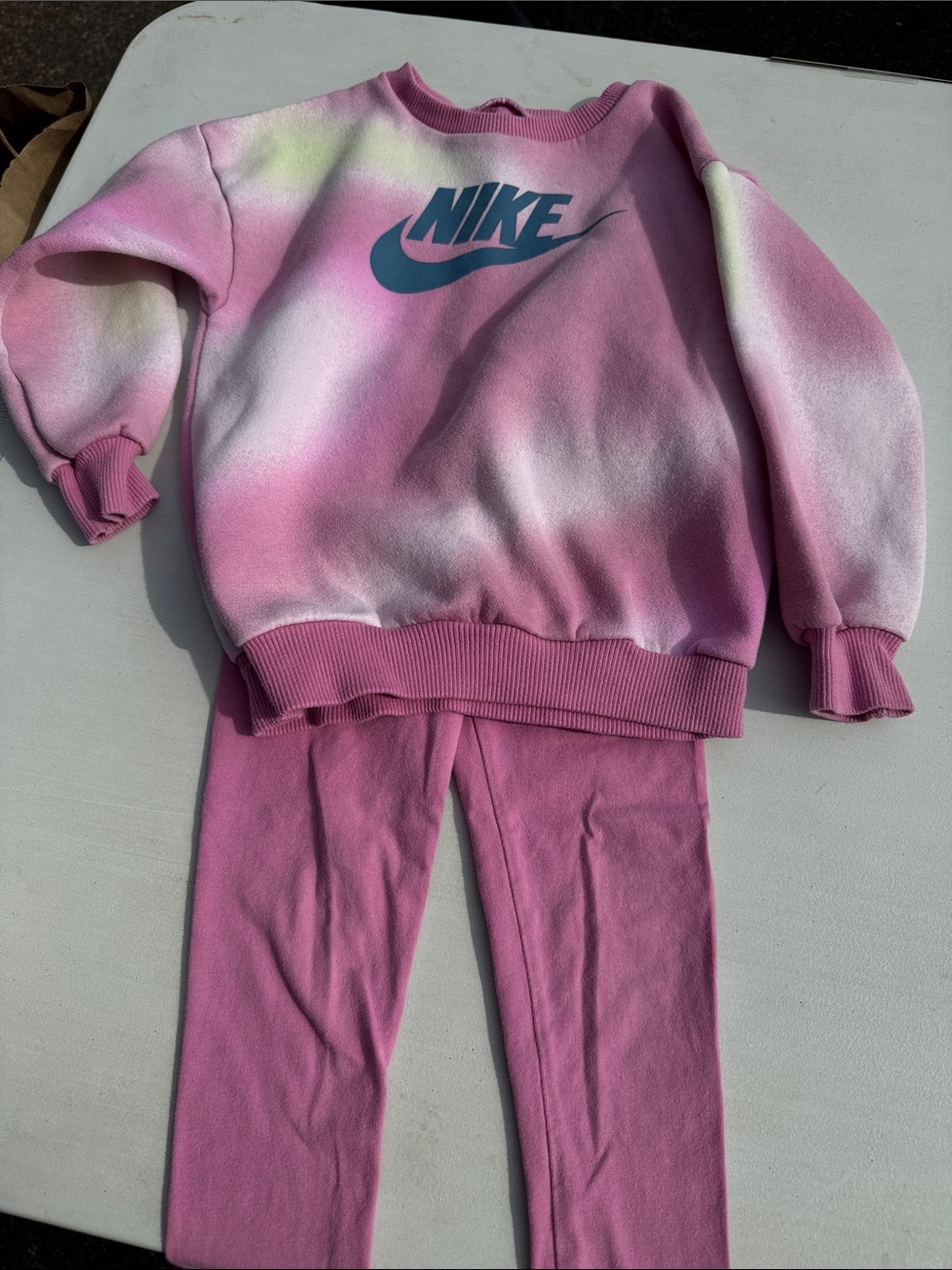 Nike Kids Pink Tie-Dye Sweatshirt & Leggings Set with Blue Logo